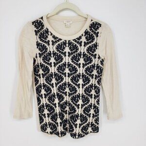 3/$25‎ J. Crew Floral Embroidered 3/4 Sleeve Top XXS Womens Cotton Cream